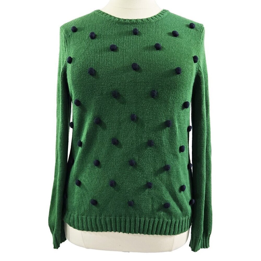 Talbots Green Pom Pom 3D Polka Dot Crew Neck Sweater Back Zipper Whimsical